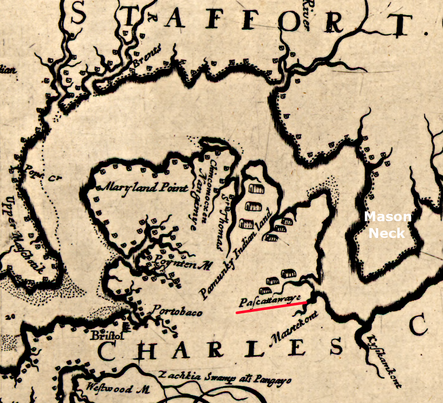 a 1670 map recorded settlements of the Piscataway and remnants of the tribes in Powhatan's paramount chiefdom, across the Potomac River from the Occoquan (Achquin) River