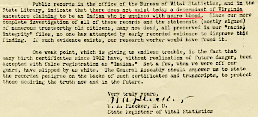 using the 1924 Racial Integrity Act, the State Registrar of Vital Statistics sought to force Native Americans into second-class citizenship