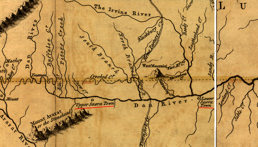 William Byrd II found in 1733 that raids by the Iroquois had displaced Siouan-speaking groups from the Virginia-Carolina Piedmont, and the Saura towns on the Dan River had been abandoned