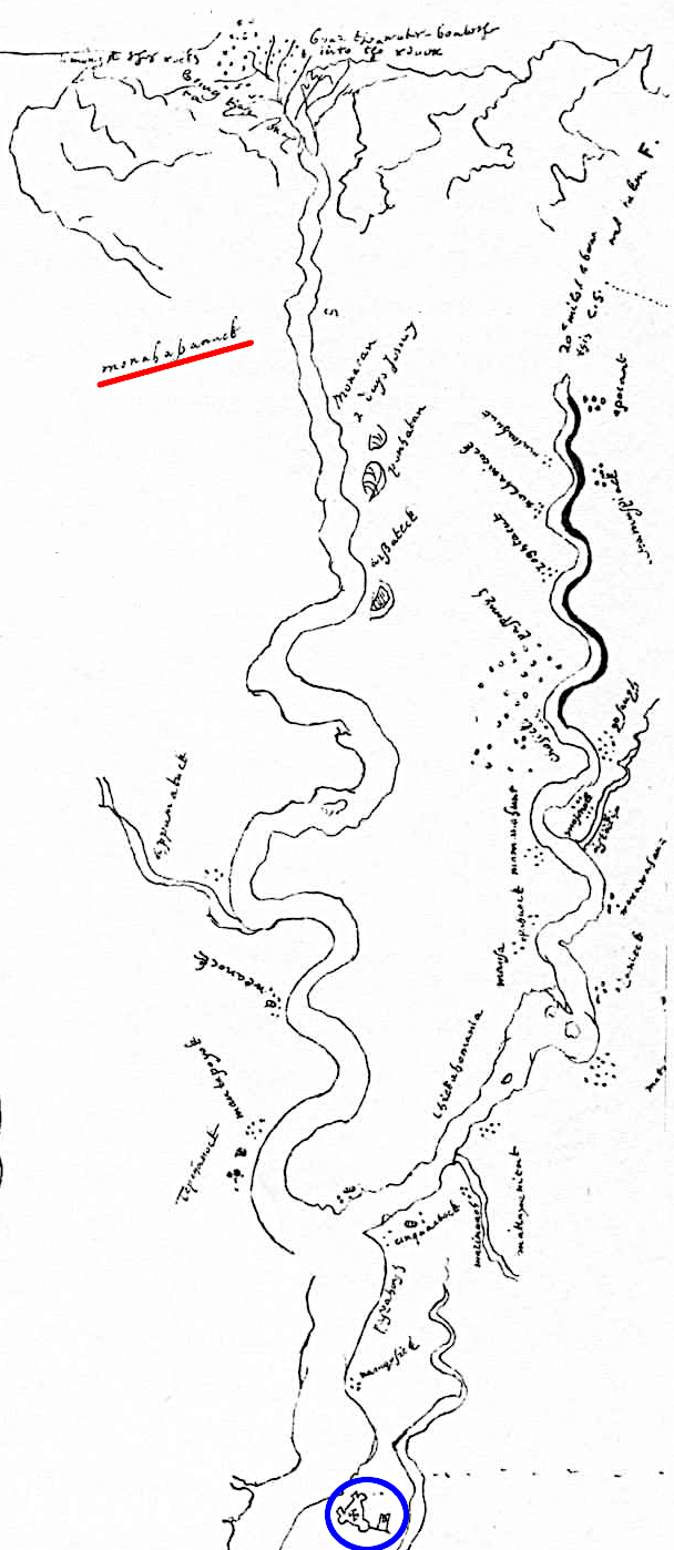 a sketch that John Smith may have sent to England in 1608 identified where the Massawomeck lived northwest of Jamestown (blue circle)