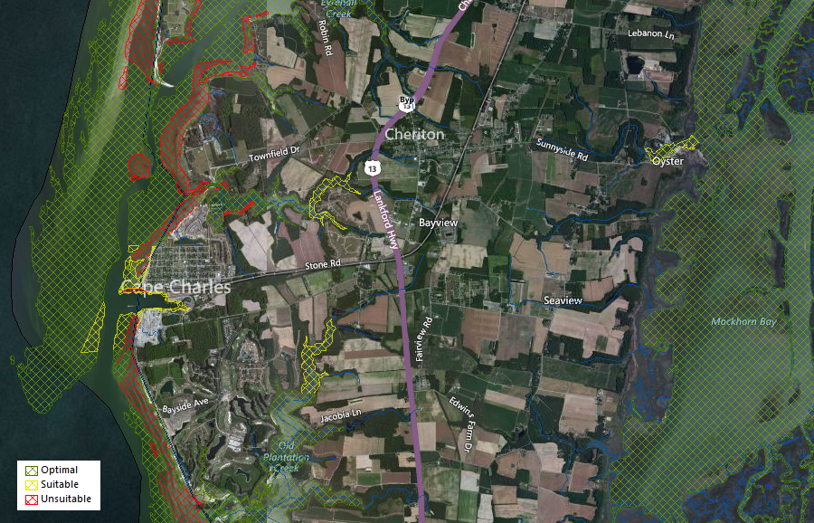 the Virginia Marine Resources Commission uses the Oyster Aquaculture Suitability Model to identify locations most suitable for cultivating oysters in Virginia water, to minimize conflicts with crabbing, clamming, fishing, swimming, recreational boating, and submerged aquatic vegetation (SAV) growth