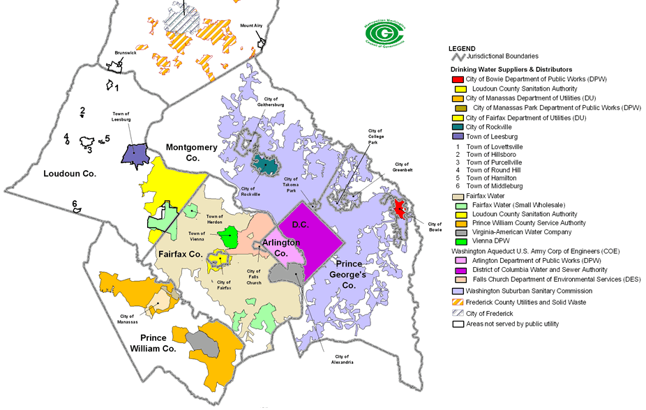 different utilities provide drinking water to different areas (Falls Church and City of Fairfax are now consolidated with Fairfax Water)