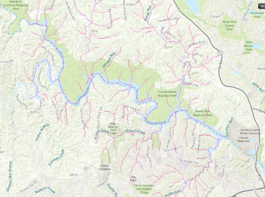 red lines identify tributaries considered as most important source waters to protect, for drinking water supply in Occoquan Reservoir