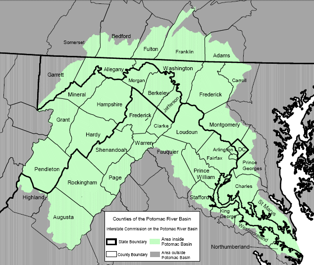 Potomac River watershed boundaries and political jurisdictions
