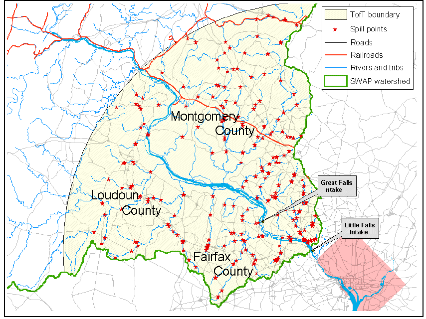Potential spill points within 24hr boundary of DC water system intakes