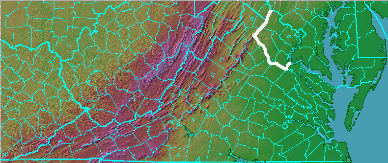 white line and Potomac River identify the political jurisdictions that could be called Northern Virginia