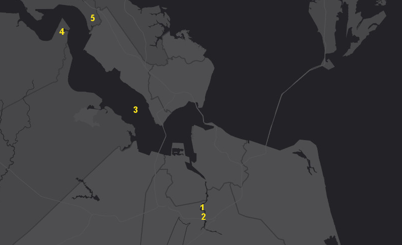 the proposed Great Bridge Energy Center (1)), just north of the now-closed Chesapeake Energy Center (2), included no proposal to increase transmission capacity across the James River at the James River Bridge (3) or between the Surry Nuclear Plant (4) and the Skiffes Creek substation (5)