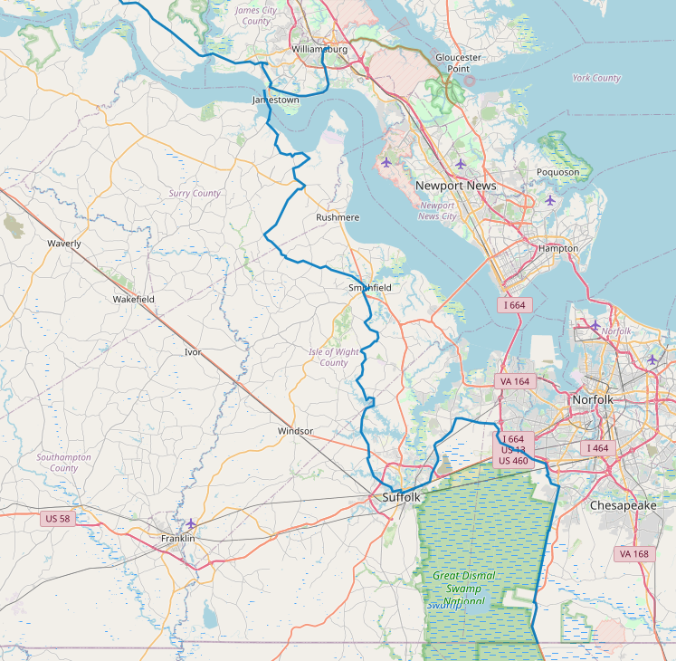 the Historic Coastal Route of the East Coast Greenway (red line) passes down the east side of Dismal Swamp