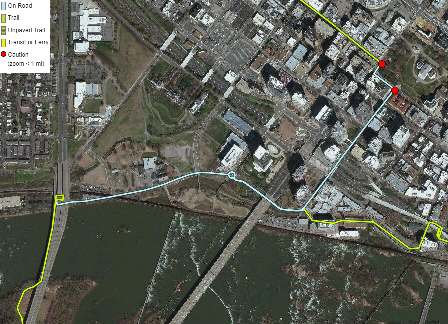 the East Coast Greenway splits in downtown Richmond