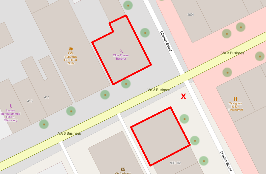 owners of two buildings next to the stone (red X) sued to block its removal to the Fredericksburg Area Museum