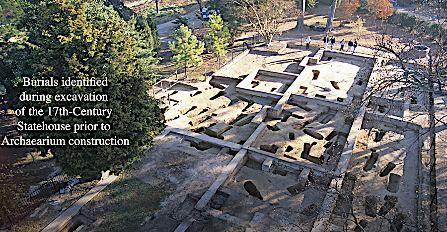 careful archeology revealed graves and the foundations of the Statehouse before the Archaearium museum was constructed on the third ridge at Jamestown