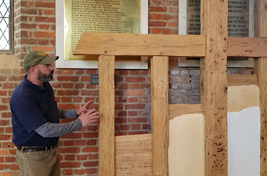 modern archeological research has guided recreation of the 1617 timber-framed church, inside the walls of the reconstructed 1639 brick church