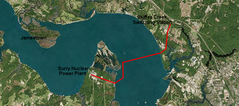 the 500kV powerline was located seven miles downstream from the 1607 fort at Jamestown