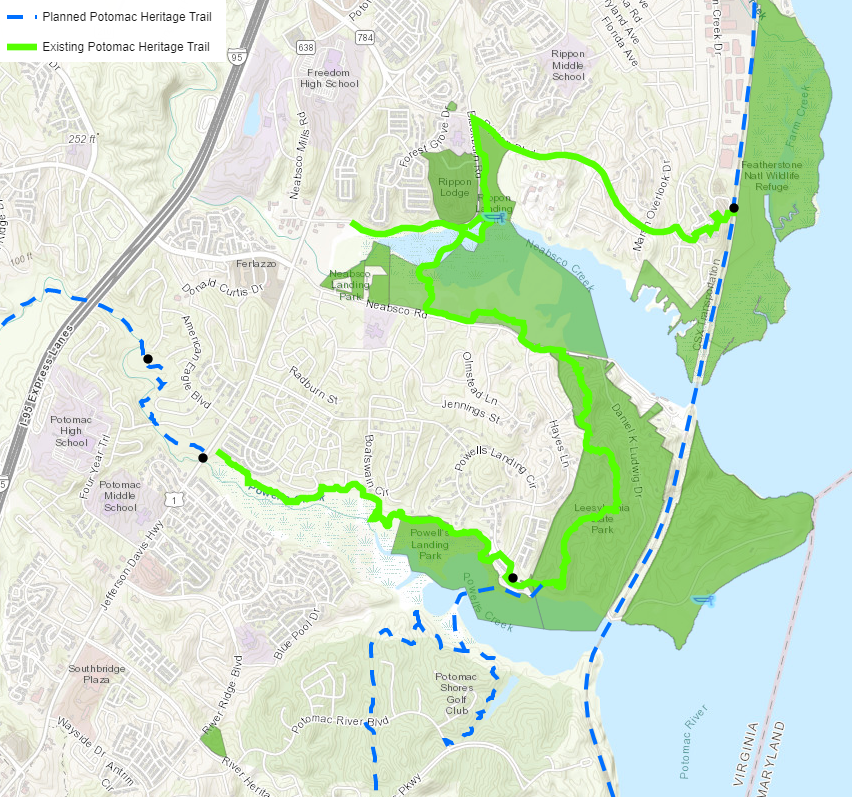 in Prince William County, planners anticipate moving the Potomac Heritage National Scenic Trail onto new railroad bridges crossing Neabsco, Powells, and Quantico creeks