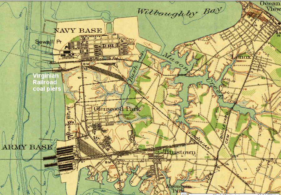 by 1921 Sewells Point was a Navy base, north of the Virginian Roalroad coal piers (which would be incorporated into the base in the 1960's)