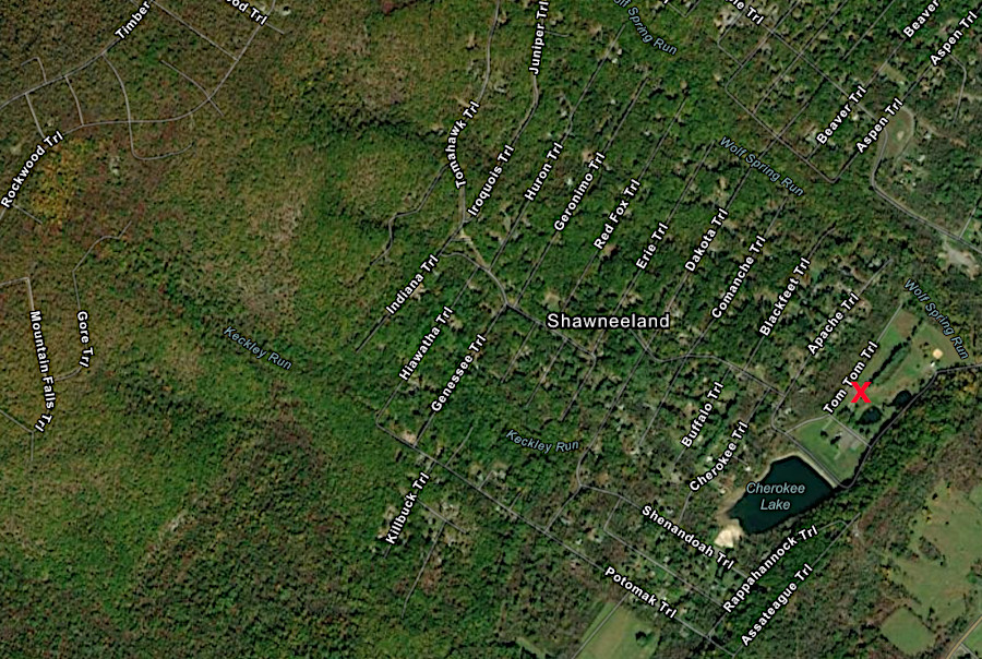 Cherokee Lake was built near the site of Tecumseh Lodge (red X), the ski lodge for Shawneeland