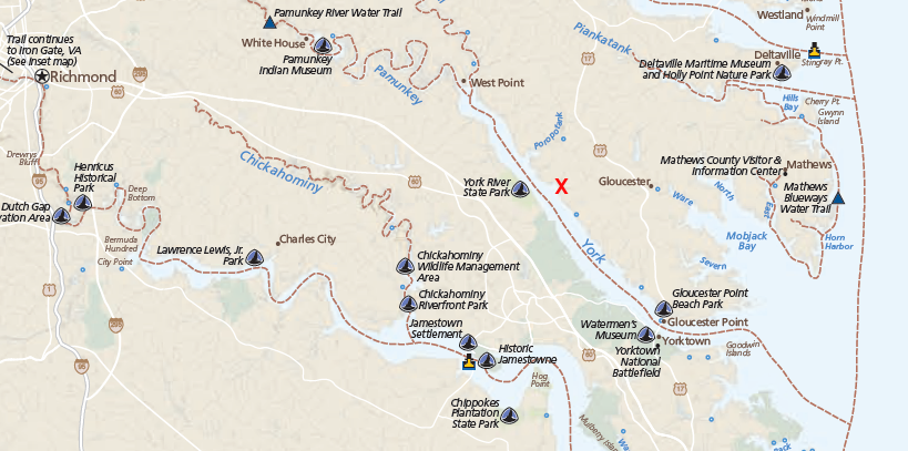 the first National Park Service maps of the Captain John Smith Chesapeake National Historic Trail omitted the site of Werowocomoco (red X), since it was not open for public visits