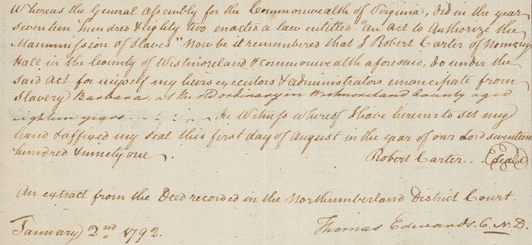 Robert Carter emancipated Barbara in 1791