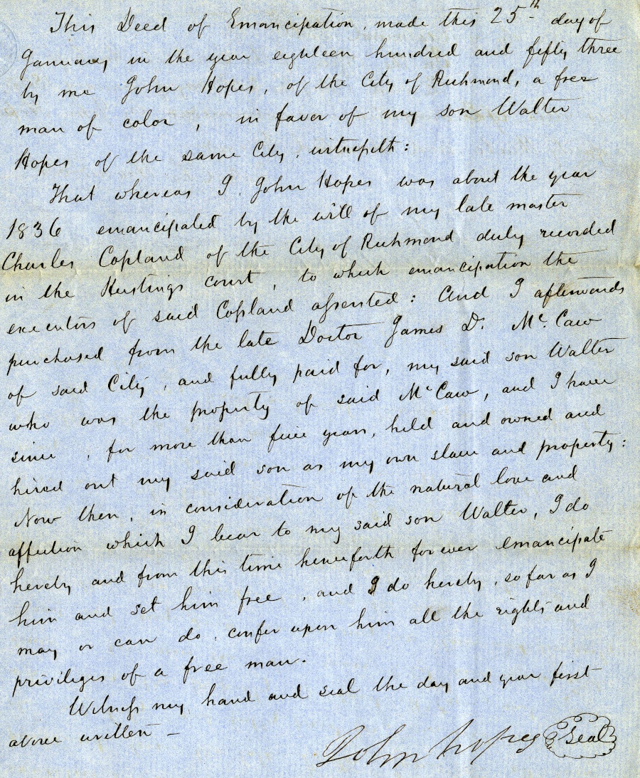 John Hopes freed his son Walter in 1853