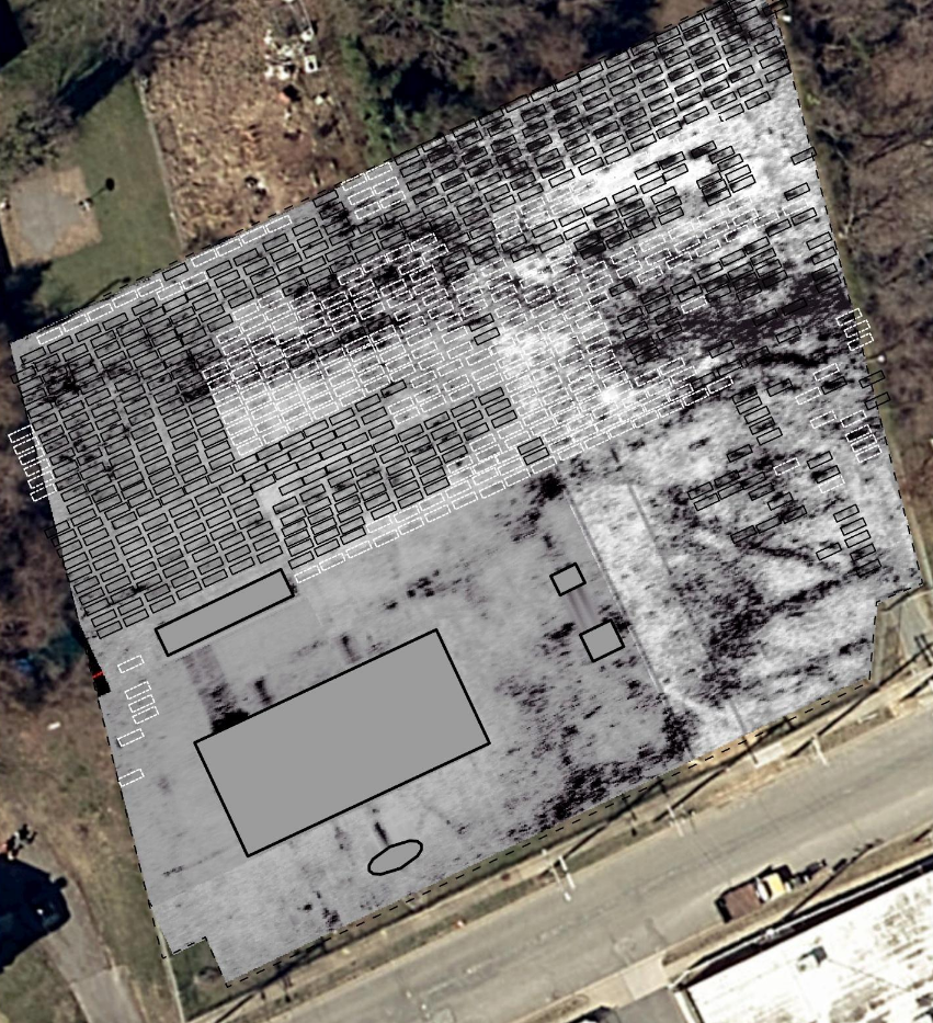  in 2025 ground penetrating radar identified 472 probable (black outline) graves and 270 possible (white outline) graves at the Manchester Municipal Cemetery
