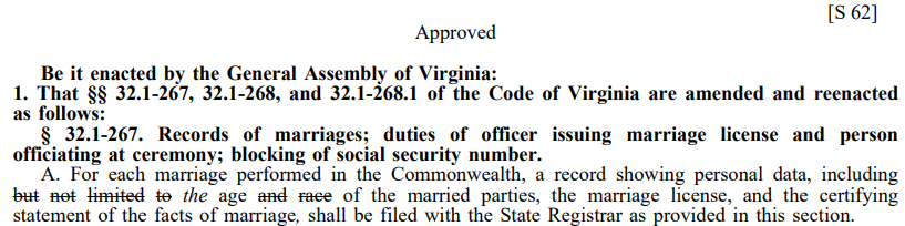 in 2020, the General Assembly eliminated the requirement to identify the race of people on marriage certificates