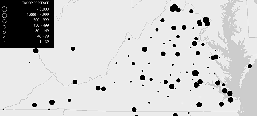 US Army posts during military occupation were scattered at different times across the state