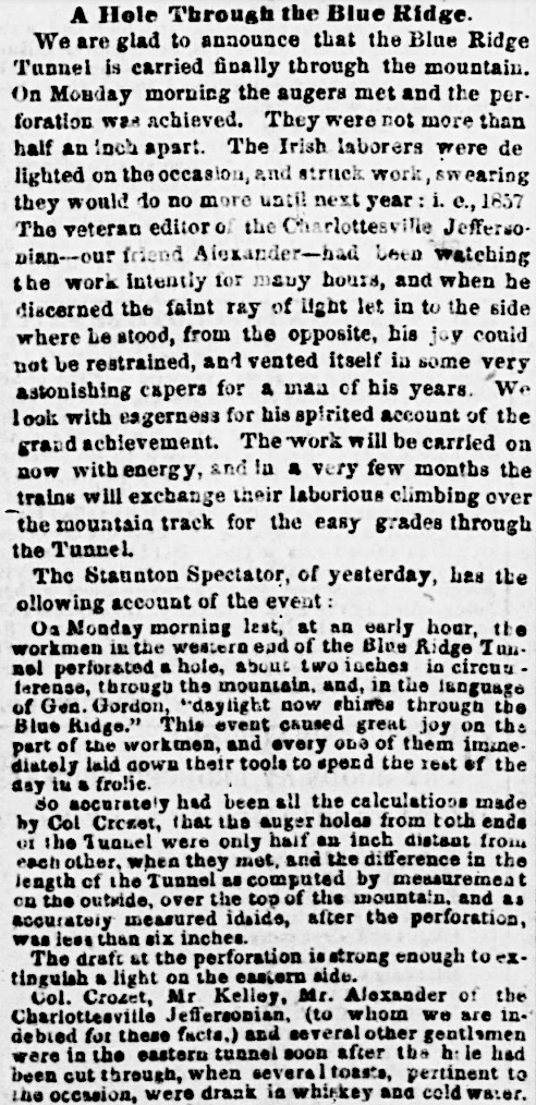 workers digging from the two sides of the Blue Ridge Tunnel finally met on December 29, 1857