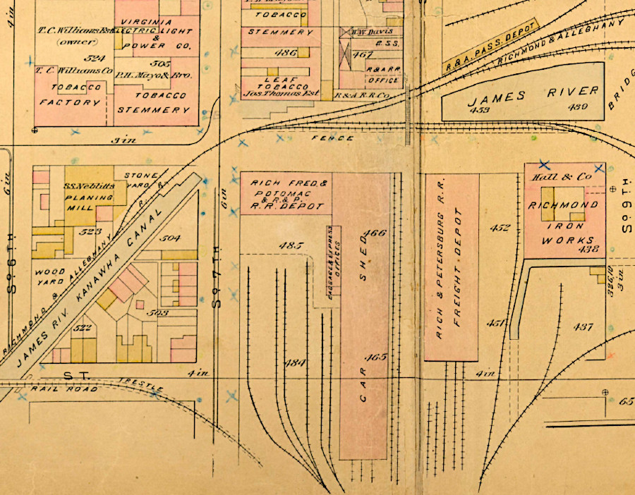 Byrd Station was constructed in 1887 west of the Richmond and Petersburg Railroad freight depot, just south of the old James River and Kanawha Canal