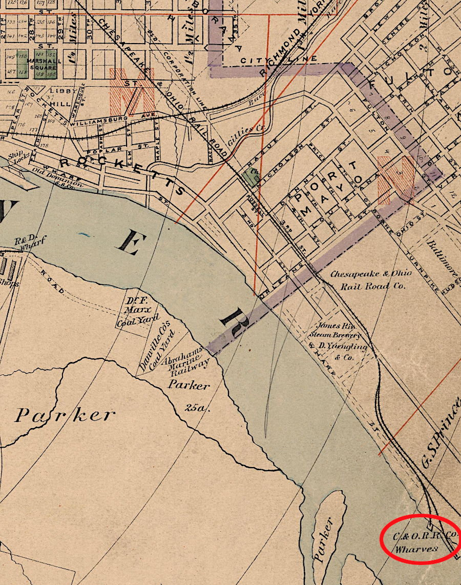 the Chesapeake & Ohio Railway shipped coal originally from West Virginia to wharves in Richmond, on the James River downstream from Rocketts Landing