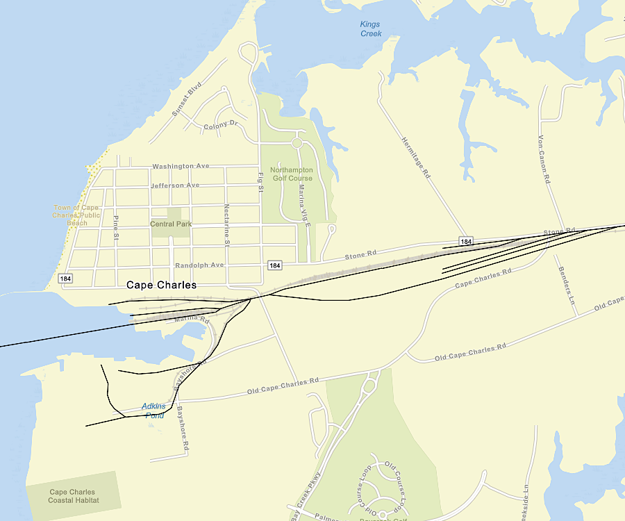 railroad tracks in Cape Charles included sidings to store cars, before loading them on the car float
