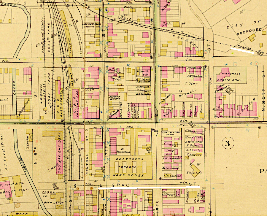 before construction of the Church Hill Tunnel and new railroad docks, the Chesapeake and Ohio Railroad tracks ended just south of Grace Street in Shockoe Valley