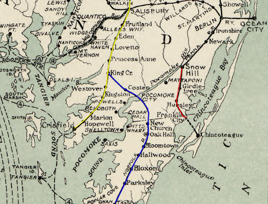 the Delaware, Maryland and Virginia Railroad (red) linked Snow Hill to Chincoteague Bay before the New York, Philadelphia and Norfolk Railroad acquired the Eastern Shore Railroad (yellow) and built south (blue)