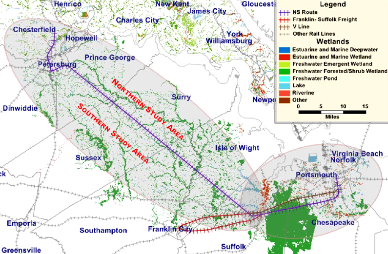 a new greenfield rail line, southwest of the existing Norfolk Southern freight line, could offer faster speeds - but conflicts with wetlands and cultural resources would have to be resolved, as well as the challenge of obtaining additional funding