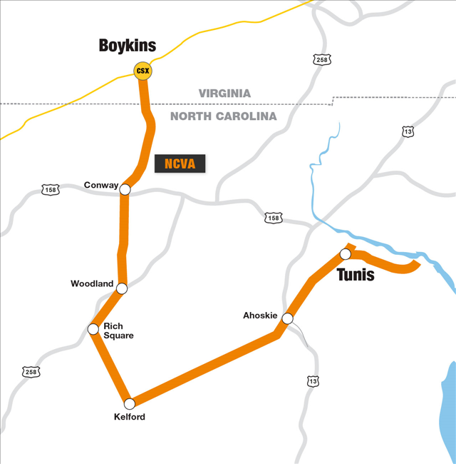the North Carolina & Virginia Railroad is a shortline that depends upon traffic from the steel minimill in Tunis, NC