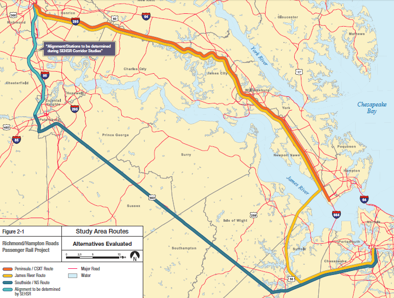alternatives to link Norfolk to Richmond/Washington included building a new railroad bridge over the James River