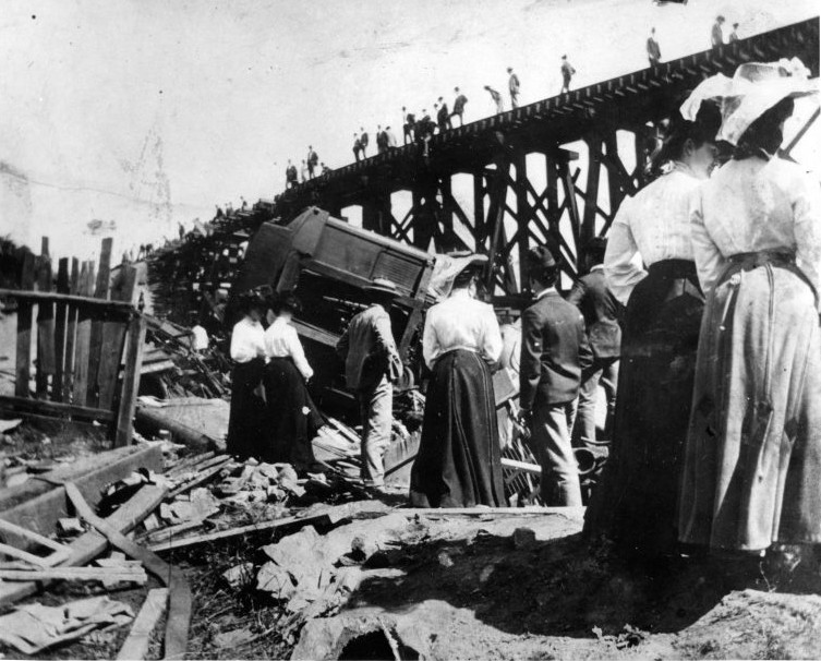 wreckage of the locomotive and four cars of the Old 97 at Stillhouse Trestle