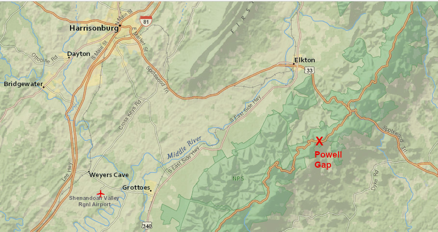 the Chesapeake Western Railway planned to cross the Blue Ridge at Powell Gap (NOTE - Middle River is the South Fork of the Shenandoah River)
