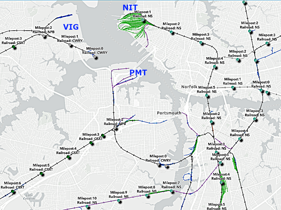 Commonwealth Railway serves Virginia International Gateway (VIG), CSX serves Portsmouth Marine Terminal (PMT), and both Norfolk Southern and the Norfolk and Portsmouth Belt Line serve Norfolk International Terminal (NIT)