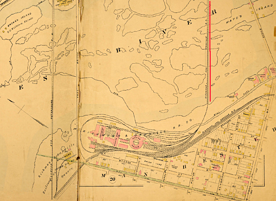 the Richmond and Danville Railroad yard and roundhouse were on the south bank of the James River