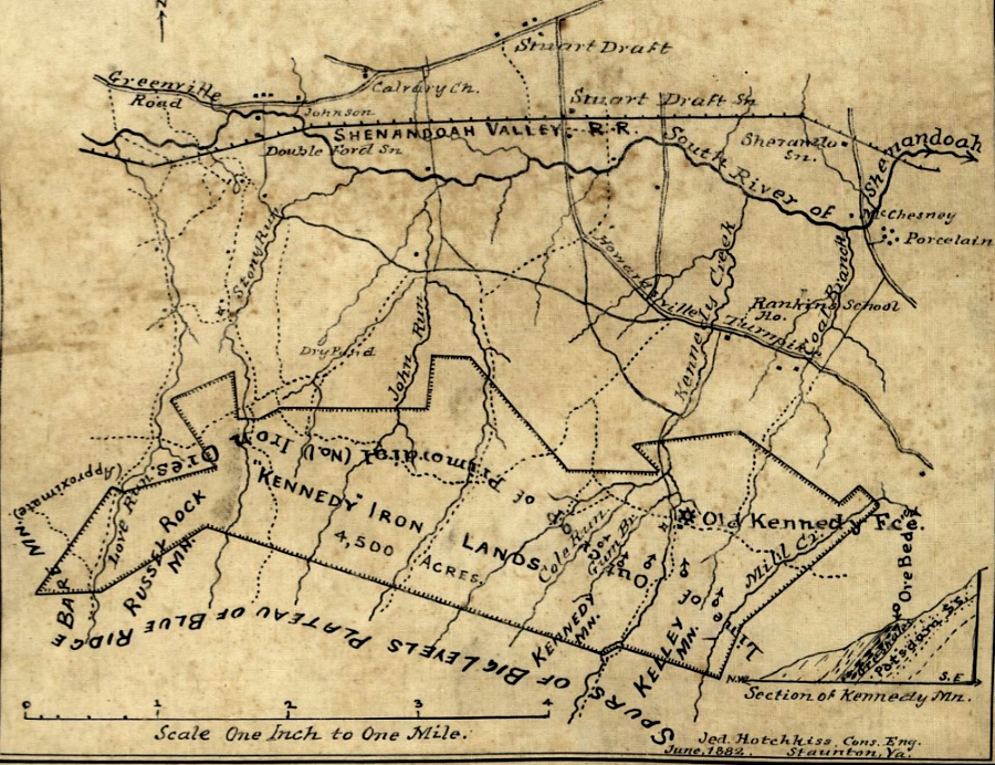 in 1882, Jedediah Hotchkiss mapped one of the tracts rich in iron ore on the western slope of the Blue Ridge that helped determine the railroad would run through Page Valley
