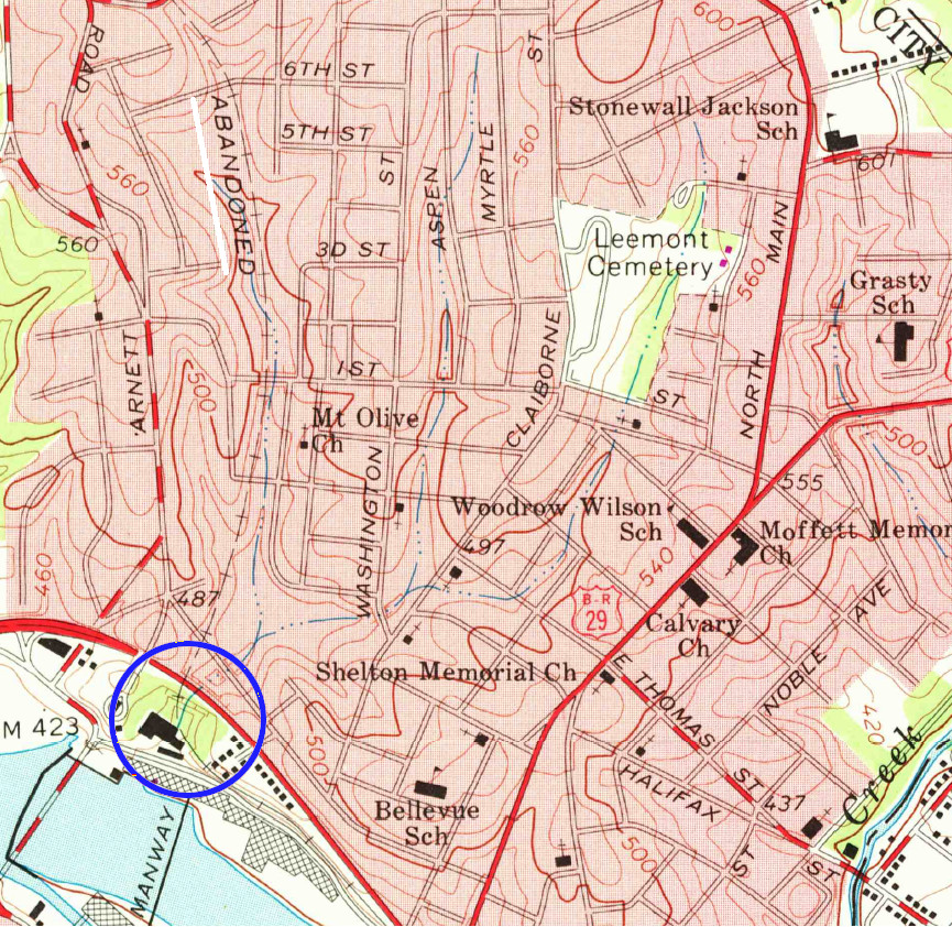 the route used by Old 97 into Danville has been abandoned, but the site of the Stillhouse Trestle (blue circle) has a historical marker