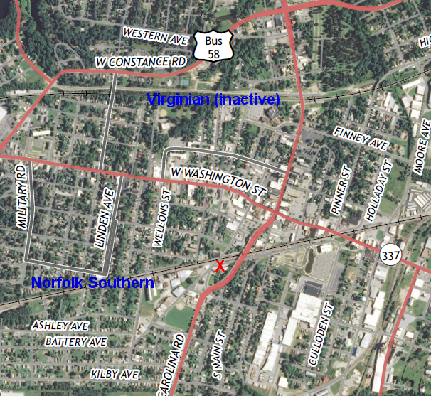 Suffolk has considered building a depot for Amtrak passenger trains, but the proposed location (red X) would not service future high-speed trains using the old Virginian tracks