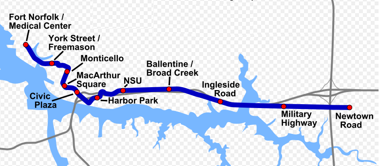 Tide light rail stations in Norfolk