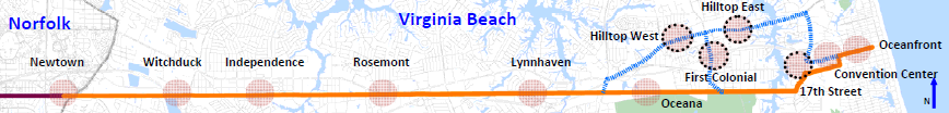 potential routes for Tide extension to Oceanfront in Virginia Beach