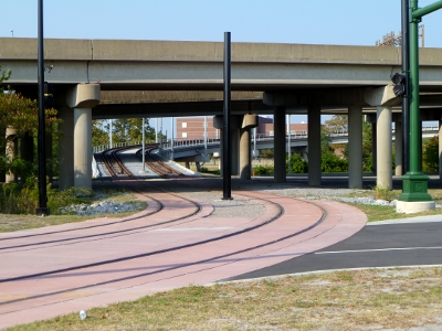 Tide light-rail route, headed east from Harbor Park towards Norfolk State University