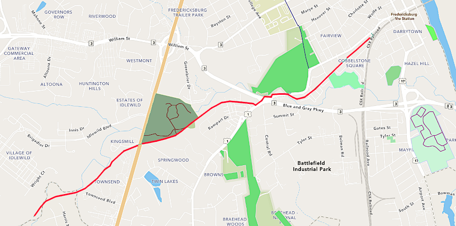 the Virginia Central Trail provides views of the historic Virginia Central Railway trail bed