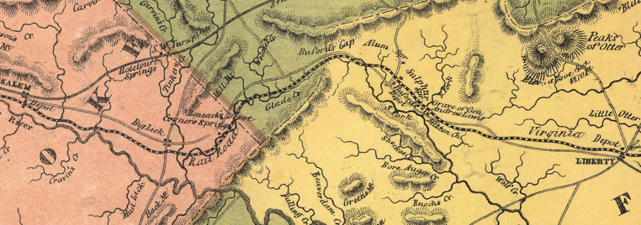 the Virginia and Tennessee Railroad pierced the Blue Ridge at the Roanoke River water gap (Big Lick later became the City of Roanoke)