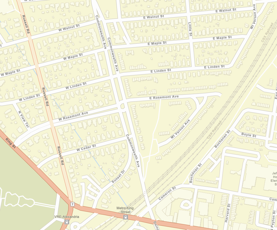 the separate tracks of the Washington, Alexandria, & Mt. Vernon Electric Railway are reflected in the still-divided Commonwealth Avenue