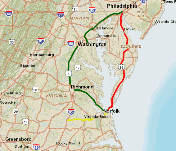the Chesapeake Bay Bridge-Tunnel reduces the distance from Norfolk-Philadelphia by 90 miles - but traffic coming up I-95 rarely diverts to Route 13