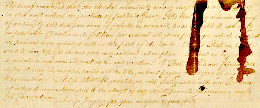 Baptists in Occoquan petitioned to eliminate powers of the Church of England, as a condition of their support for the policies of the Fifth Virginia Convention in 1776